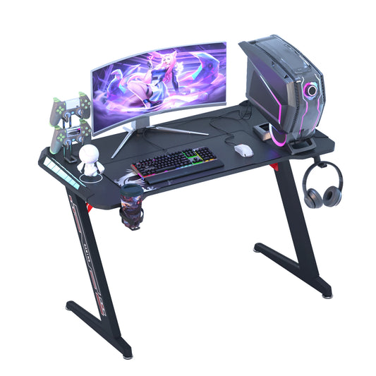Groot laptopcomputerbureau - 55,11 x 23,62 x 30,71 inch - Rechthoekig staand bureau - Z-vormig - Gaming en thuiskantoor - PC-bureau - In hoogte verstelbaar - Zwart - QUORE