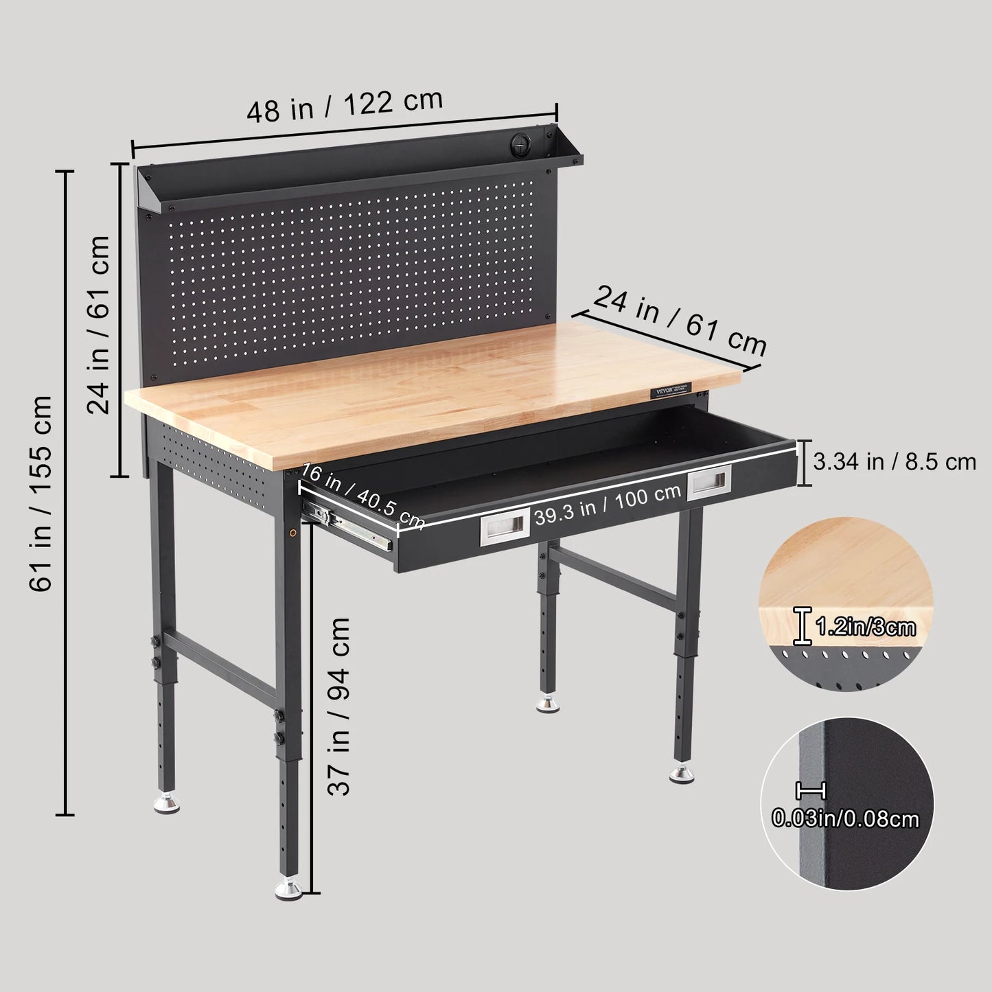 Verstelbare Werkbank - Werktafel - Industriële Werkbank - Garage Werkbank - 48x24 Inch - 2000lbs - Massief Houten - met LED Verlichting - Stopcontacten - USB & Opberghaakjes - Hoogte Instelbaar - Garage & Werkplaats