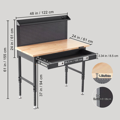Verstelbare Werkbank - Werktafel - Industriële Werkbank - Garage Werkbank - 48x24 Inch - 2000lbs - Massief Houten - met LED Verlichting - Stopcontacten - USB & Opberghaakjes - Hoogte Instelbaar - Garage & Werkplaats