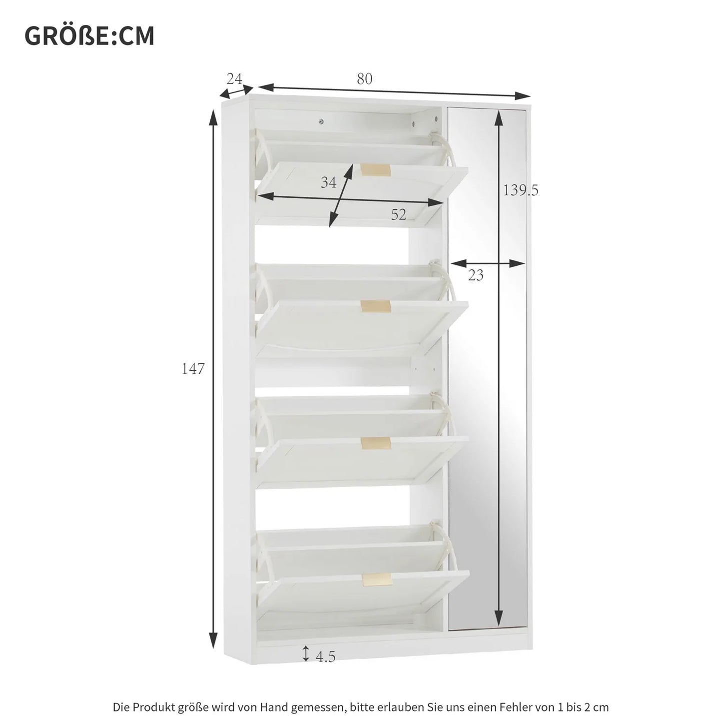 Schoenenkast – Schoenenrek – Schoenopberger – Schoenenmeubel – Spiegeldeur – Vier Uittrekbare Lades – Kantelbeveiliging - 80 x 24 x 147 cm - Wit - QUORE