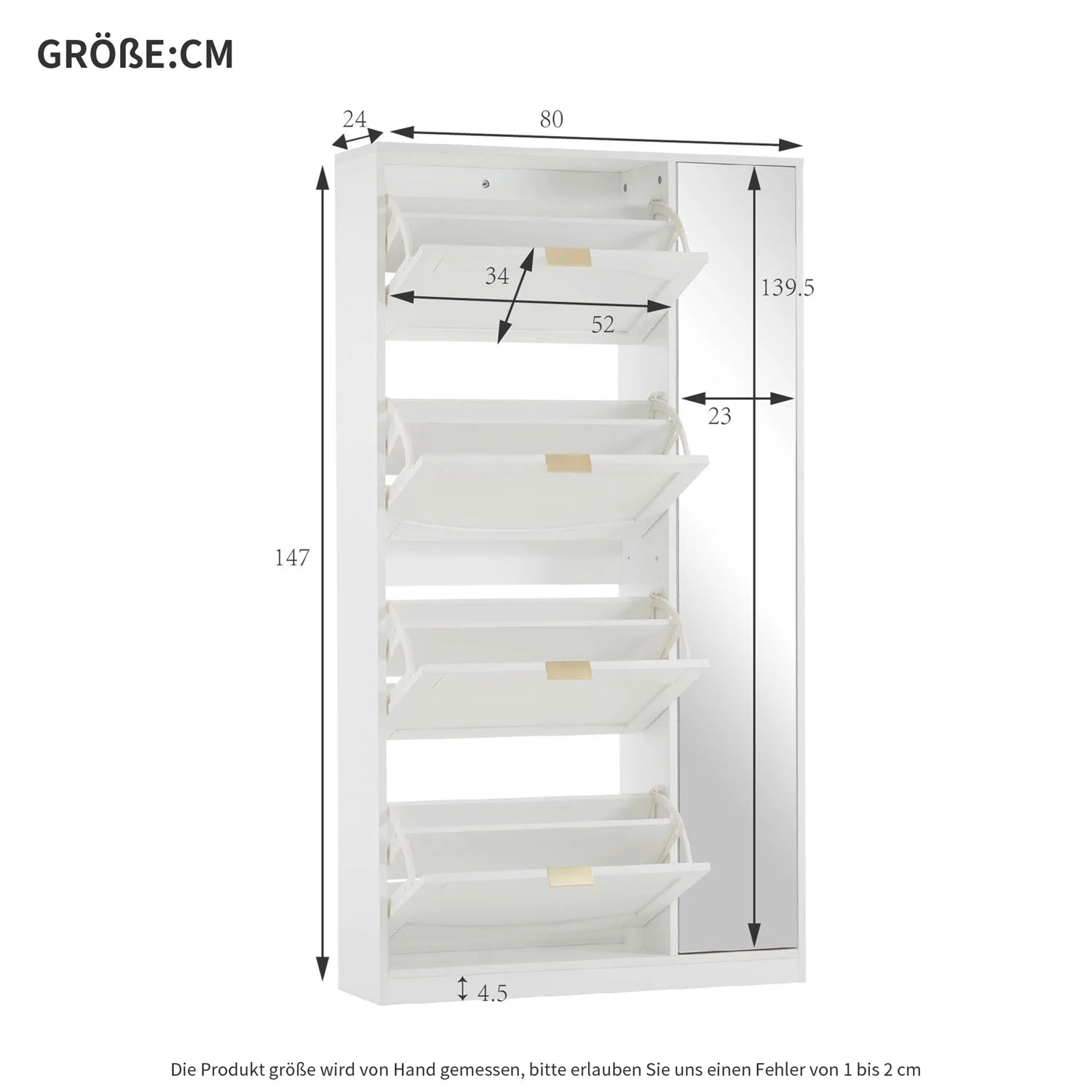 Schoenenkast – Schoenenrek – Schoenopberger – Schoenenmeubel – Spiegeldeur – Vier Uittrekbare Lades – Kantelbeveiliging - 80 x 24 x 147 cm - Wit - QUORE