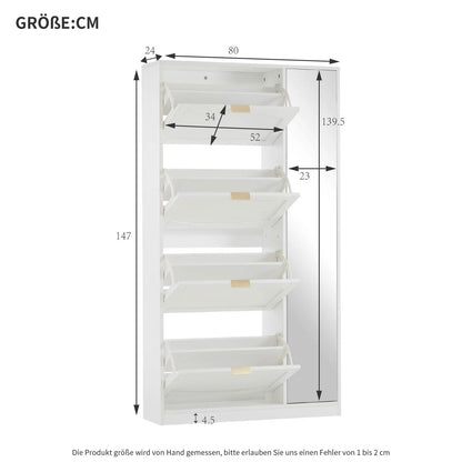 Schoenenkast – Schoenenrek – Schoenopberger – Schoenenmeubel – Spiegeldeur – Vier Uittrekbare Lades – Kantelbeveiliging - 80 x 24 x 147 cm - Wit - QUORE