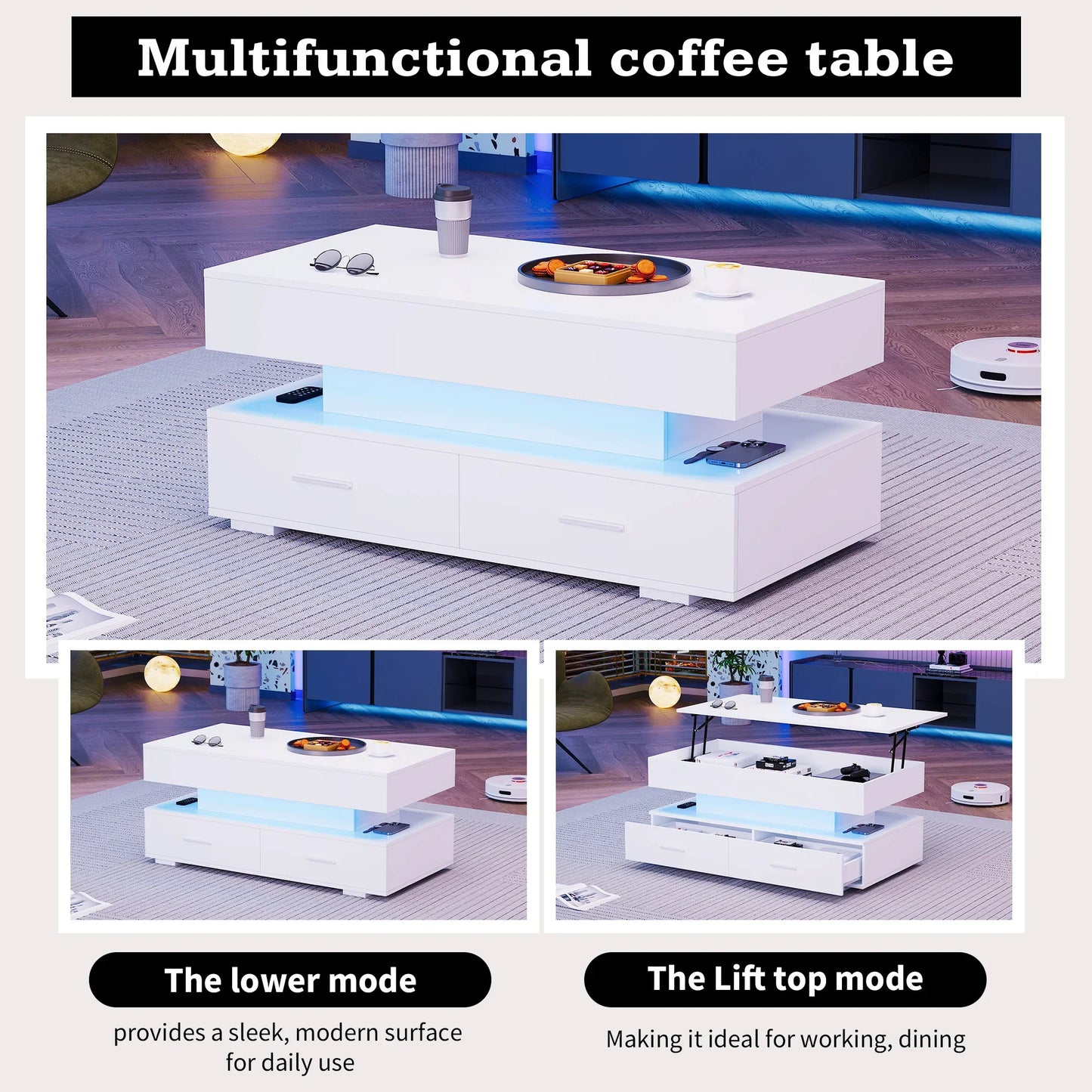 Salontafel – Witte Tafel – Koffietafel – Verstelbare Tafel – Opbergtafel – Hydraulische Hoogteverstelling – LED-Verlichting Met Bluetooth
