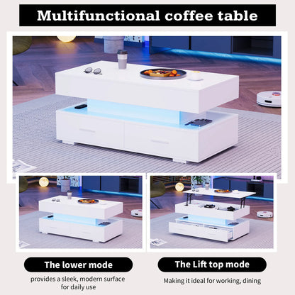 Salontafel – Witte Tafel – Koffietafel – Verstelbare Tafel – Opbergtafel – Hydraulische Hoogteverstelling – LED-Verlichting Met Bluetooth