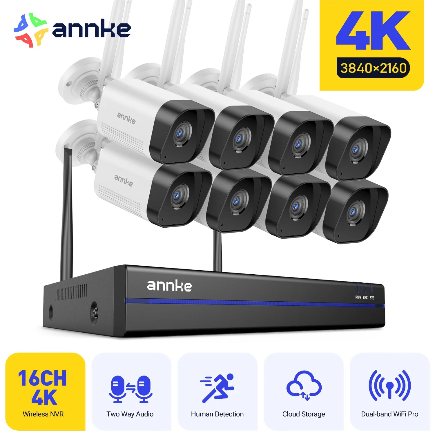 ANNKE 8MP WiFi Security Surveillance Camera System Kit Motion Tracking Color Night Vision 16CH 4K NVR Wireless CCTV Cameras Set - QUORE