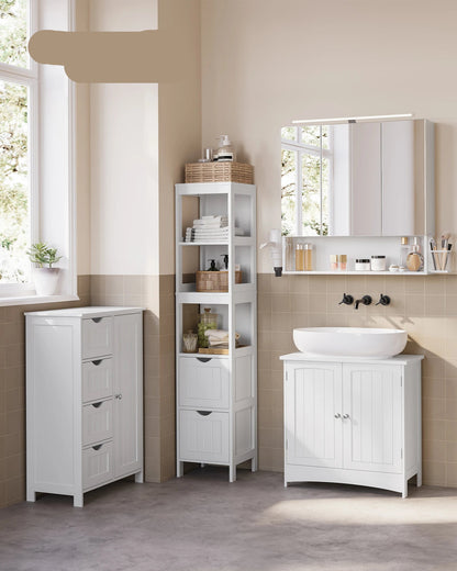 Badkamermeubelset – Badkamerkast – Opbergmeubel – Spiegelkast – Föhnhouder – Waterbestendig MDF – Kantelbeveiliging - QUORE