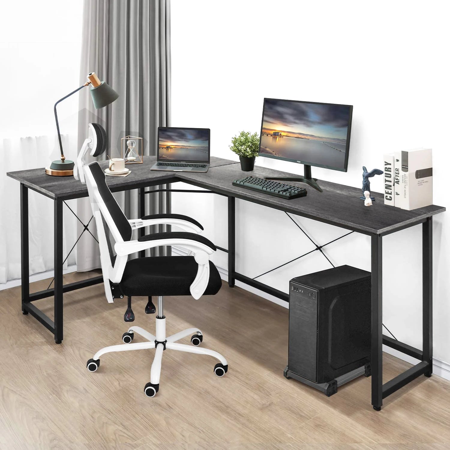 L-Shape Bureau Donkergrijs – Hoekbureau – Computerbureau – Werkplekbureau – Gamersbureau – Stevig MDF Blad – Verstelbare Pootdop - Donkergrijs - QUORE