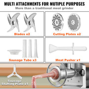 Elektrische Gehaktmolen - Voor alle soorten Vlees - Roestvrij staal - Vleesmolen - Vleesmolens - worstenmaker - 1000-1300W - 992 LBS/h - 2 messen - 3 slijpplaten - Koolstofstaal - Zilver/Zwart