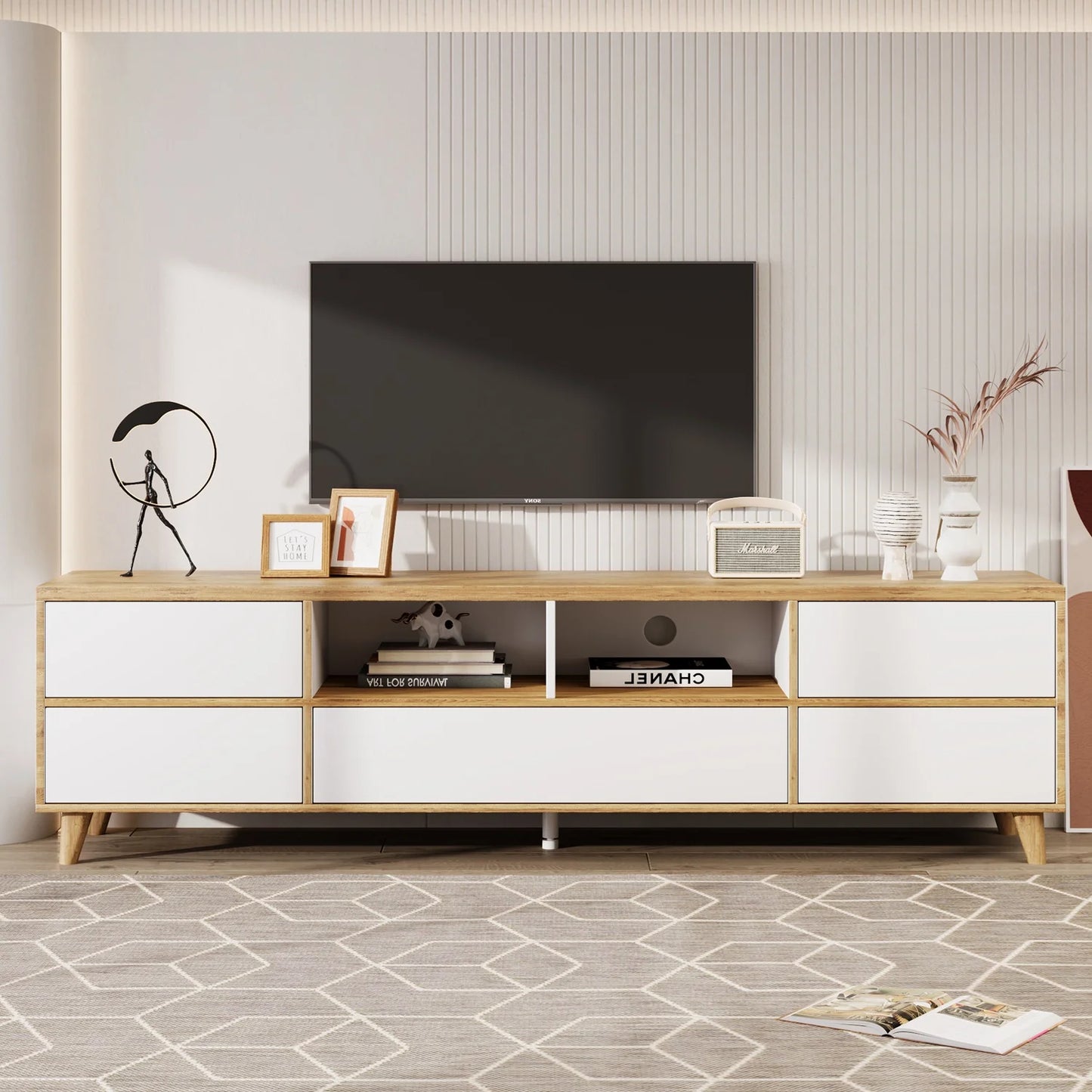 TV Meubel – TV Kast – Lowboard – TV Dressoir – Woonkamer Meubel – Wit & Hout – Ruime Opbergruimte – Geschikt Voor 40-49 Inch Televisies