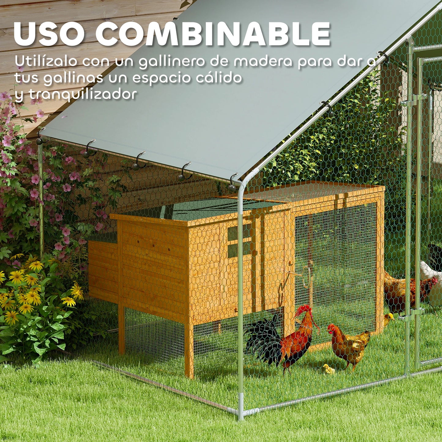 Kippenren – Kippenhok – Pluimveerek – Hennenren – Buitenren – Zilver 300x340x190 cm – Verzonken Stalen Buizen – Waterdichte UV-bestendige Oxford Hoes