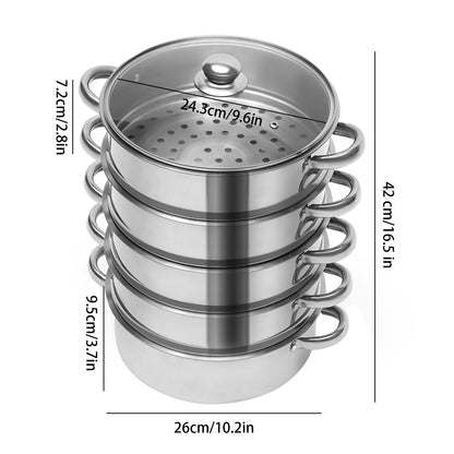 5 Laagse Stoomkoker van Roestvrijstaal – Stapelbare Stomer/Stoompan met Deksel – Diameter 26 cm – Geschikt voor Gezond Koken van Groenten - Vis - Rijst & Dim Sum
