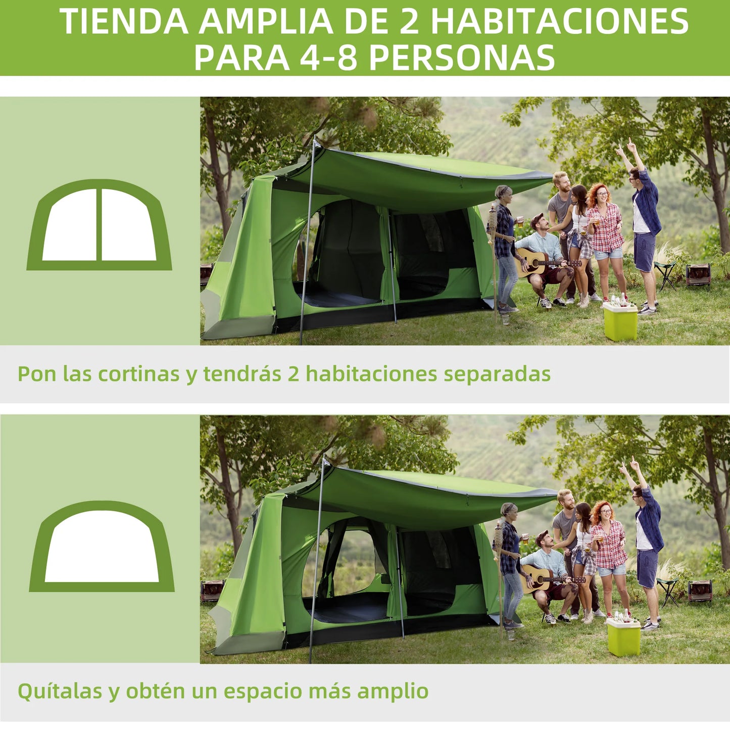 Familietent - 4 tot 8 Personen - Grote Kampeertent - Dubbele Compartimenten - UV-bescherming - Waterdicht - 405x305x225 cm - Groen - QUORE