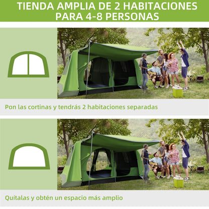 Familietent - 4 tot 8 Personen - Grote Kampeertent - Dubbele Compartimenten - UV-bescherming - Waterdicht - 405x305x225 cm - Groen - QUORE