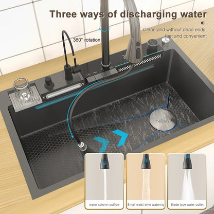 Stainless Steel Kitchen Sink WIth Waterfall Faucet Integrated Digital Display Embossed Washing Basin For Kitchen