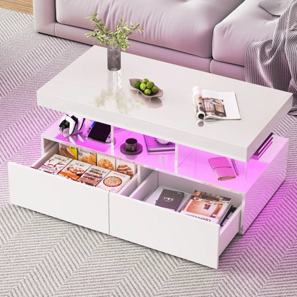 Salontafel – Koffietafel – Woonkamertafel – Bijzettafel – Tafel – Wit – Hoogglans – LED-verlichting – 2 Lades – MDF – 140x53x46 cm