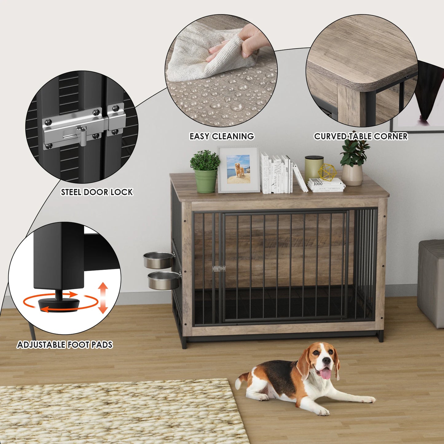Houten Hondenkennel – Hondenbench – Hondenkooi – Hondenhok – Hondentuin – 2 Verstelbare Roestvrijstalen Voederbakken – Robuust MDF En Stalen Frame – Geschikt Voor Middelgrote Honden - 39inch - Grijs - QUORE