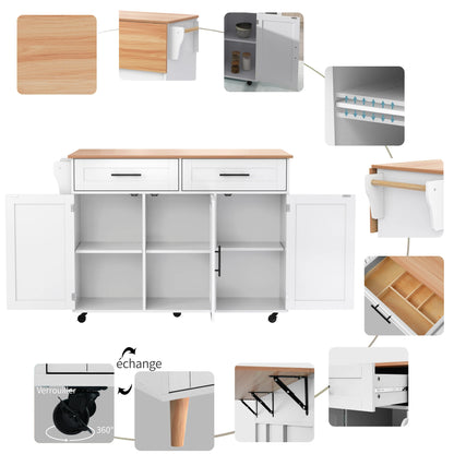 Keukenwagen – Keukentrolley – Keukenkar – Keukenmeubel – Bergwagen – Uitklapbaar Tafelblad – Wielen Met Remmen – 129x46(71)x91,5 cm – MDF Wit/Natuur