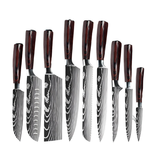 Kitchen Knives - Knife set - Chef Knife - Knives - Kitchen Knife - Sharp 7CR17 Stainless Steel - Laser Damascus Pattern Kitchen Knives - Santoku Meat Knife - 9 pieces