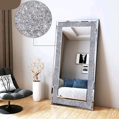 Grote Zilveren Wandspiegel – Wandspiegel – Muurspiegel – Decoratieve Spiegel – Glamoureuze Spiegel – 120x60 cm – Kristalachtige Accent Steentjes – Hoogwaardig Glas & MDF