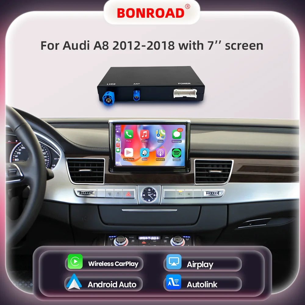 Draadloze CarPlay Adapter – Android Auto Interface – Bluetooth Interface – Mirror Link Module – GPS Navigatie Module – Voor Audi A8 2012-2018 7" – Plug & Play – Draadloze Connectiviteit