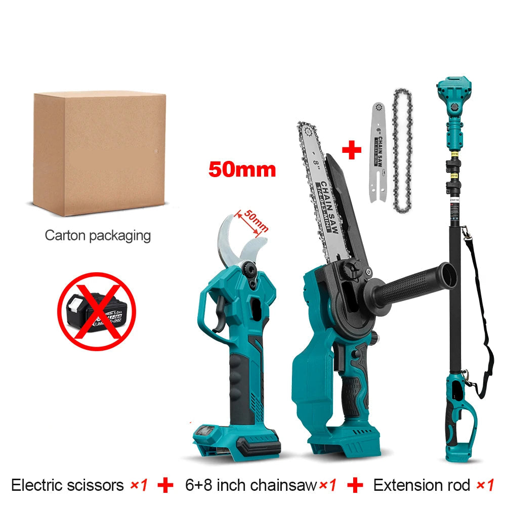 50mm Snoeischaar - Takkenschaar - Tuingereedschap - Snoeizaag - Borstelloos & Draadloos - Inclusief 6 + 8inch Kettingzaag - Takkenzaag - Handzaag - Efficiënte Elektrische Pruner voor Bomen & Bonsai – Zonder Batterij