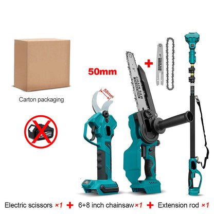 50mm Snoeischaar - Takkenschaar - Tuingereedschap - Snoeizaag - Borstelloos & Draadloos - Inclusief 6 + 8inch Kettingzaag - Takkenzaag - Handzaag - Efficiënte Elektrische Pruner voor Bomen & Bonsai – Zonder Batterij