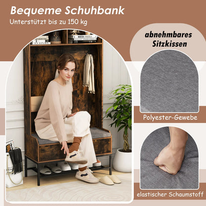 4-in-1 Kapstok met Zitbank – Garderoberek met Open Vakken - Schoenenkast en 3 Haken – Halgarderobe met Zitkussen – 90 x 38,5 x 170 cm