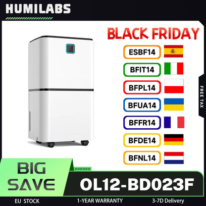 HUMILABS  OL12-BD023F Portable Dehumidifier, 3 Modes, Auto Defrosting, 12-Hour Timer, 12L Dehumidifying Capacity, 15-25㎡ Scope