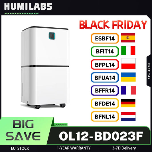 HUMILABS  OL12-BD023F Portable Dehumidifier, 3 Modes, Auto Defrosting, 12-Hour Timer, 12L Dehumidifying Capacity, 15-25㎡ Scope