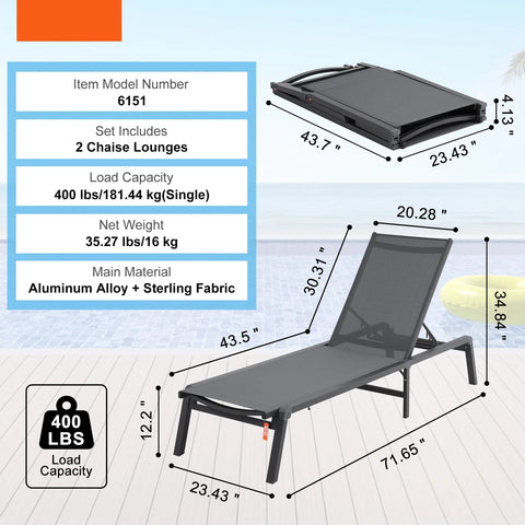 Outdoor Lounge Chair - Buiten Lounge Stoel - Zwembad Chaise Lounge - Waterdicht Mocha - Chaise Lounge Stoel - Chaise Lounge Stoel - Buiten Aluminium Patio Lounge Stoel - Verstelbaar - Ligstoel voor Stran - Donkergrijs