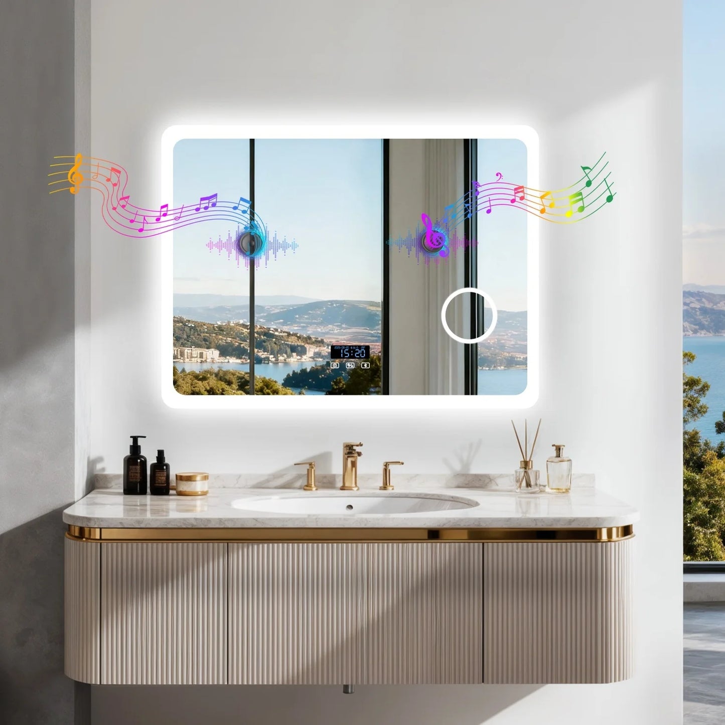 LED Badkamerspiegel – Spiegel – Make-up Spiegel – Verlichte Spiegel – Badkamer Spiegel – 80x60 cm – Bluetooth Speaker – Dimbare LED verlichting met 3x vergrootglas