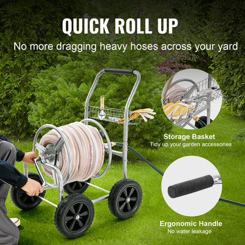 Vevor - Air Hose - Hose Reel Cart - 300 ft 5/8'' Hose - Garden Hose Cart - Wheeled Tools with Storage Basket for Garden Lawn - No Hose - Silver