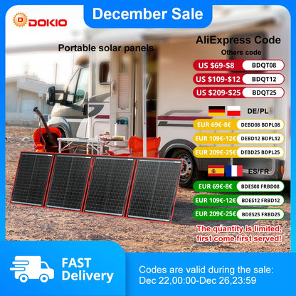 Dokio 97W 150W 195W 295W Portable Foldable Solar Panel with 12V Controller Flexible Solar Panel for Family Camping Trip