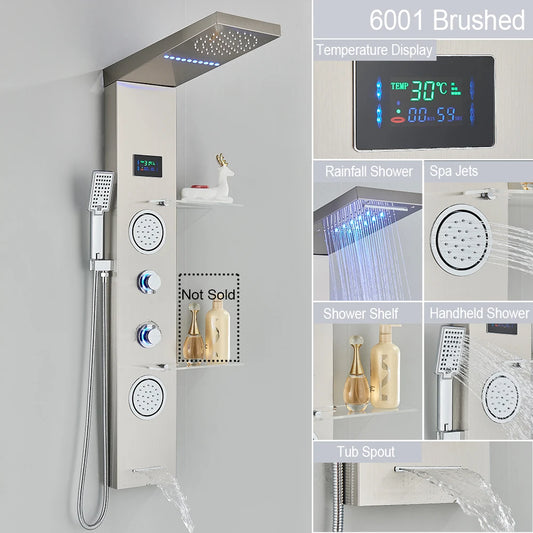 Douche - Regendouche - Douchewand - Douchekolom - Douchepanelen - Brushed Nickel LED Douchepaneel – Waterval Regendouche met LCD Display & Massage Jets - Zilver