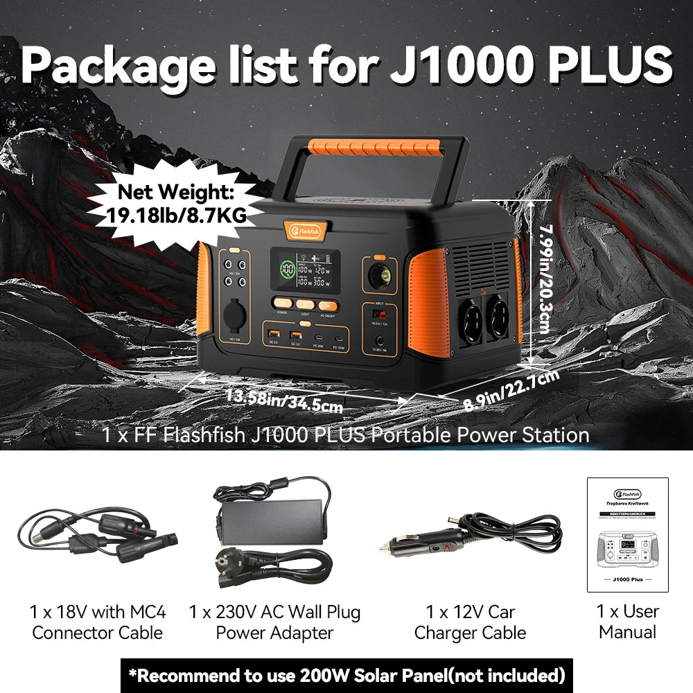 FlashFish Solar Power Station 1000W Solar Generator Pure Sine Wave AC Output 110V 230V 932Wh Generator Emergency Power Camping