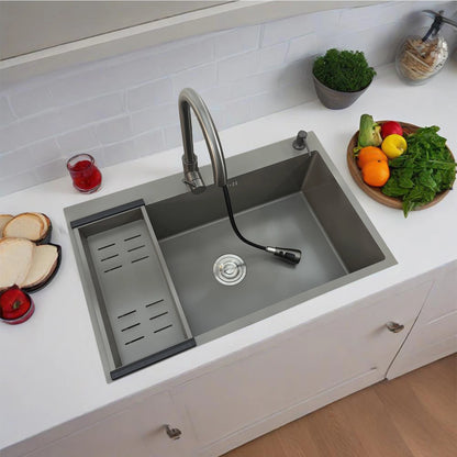 Keukenspoelbak – Spoelbak – RVS Spoelbak – Enkelvoudige Spoelbak – Keukenbak – Donkergrijs – 80x50 cm – Roestvrij Staal – Uittrekbare Kraan – X-vormige Bodemgroef