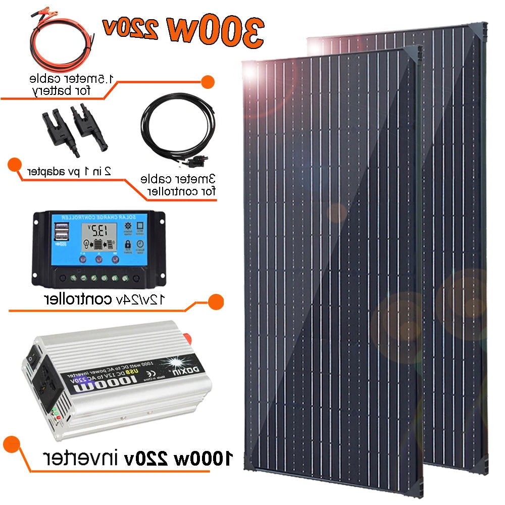 Zonnepaneel - Zonnepanelen - Zonne-energie - Zonne-kit - 12V Module - Aluminium Frame Lichtgewicht Fotovoltaïsch Paneelsysteem - 300W - 220V Inverter - Waterdicht - voor Boot - Camper - Caravan - RV - Tuin - QUORE