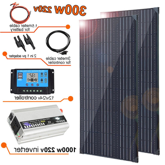 Zonnepaneel - Zonnepanelen - Zonne-energie - Zonne-kit - 12V Module - Aluminium Frame Lichtgewicht Fotovoltaïsch Paneelsysteem - 300W - 220V Inverter - Waterdicht - voor Boot - Camper - Caravan - RV - Tuin - QUORE