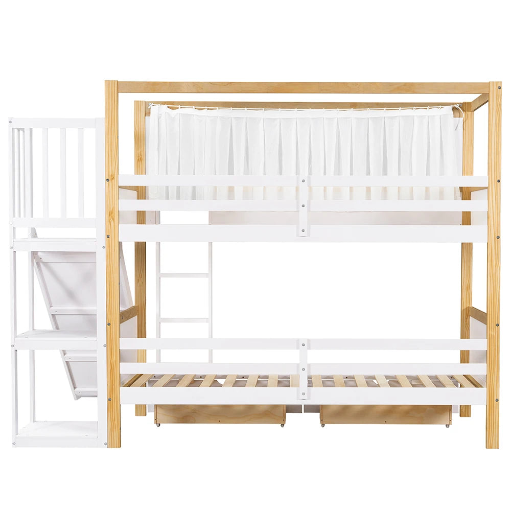 Kinderstapelbed – Stapelbed Kinderbed Bedbank Speelbed – Wit 90x200 cm – Glijbaan – Opberglades met Wieltjes