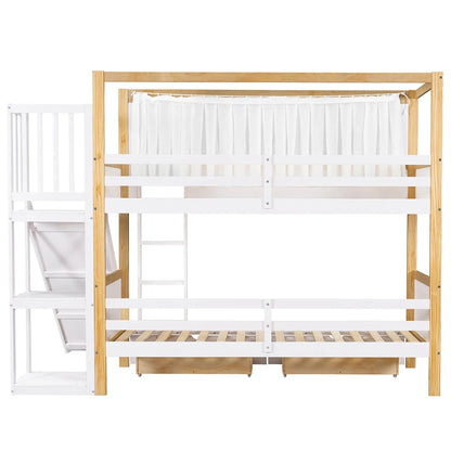 Kinderstapelbed – Stapelbed Kinderbed Bedbank Speelbed – Wit 90x200 cm – Glijbaan – Opberglades met Wieltjes