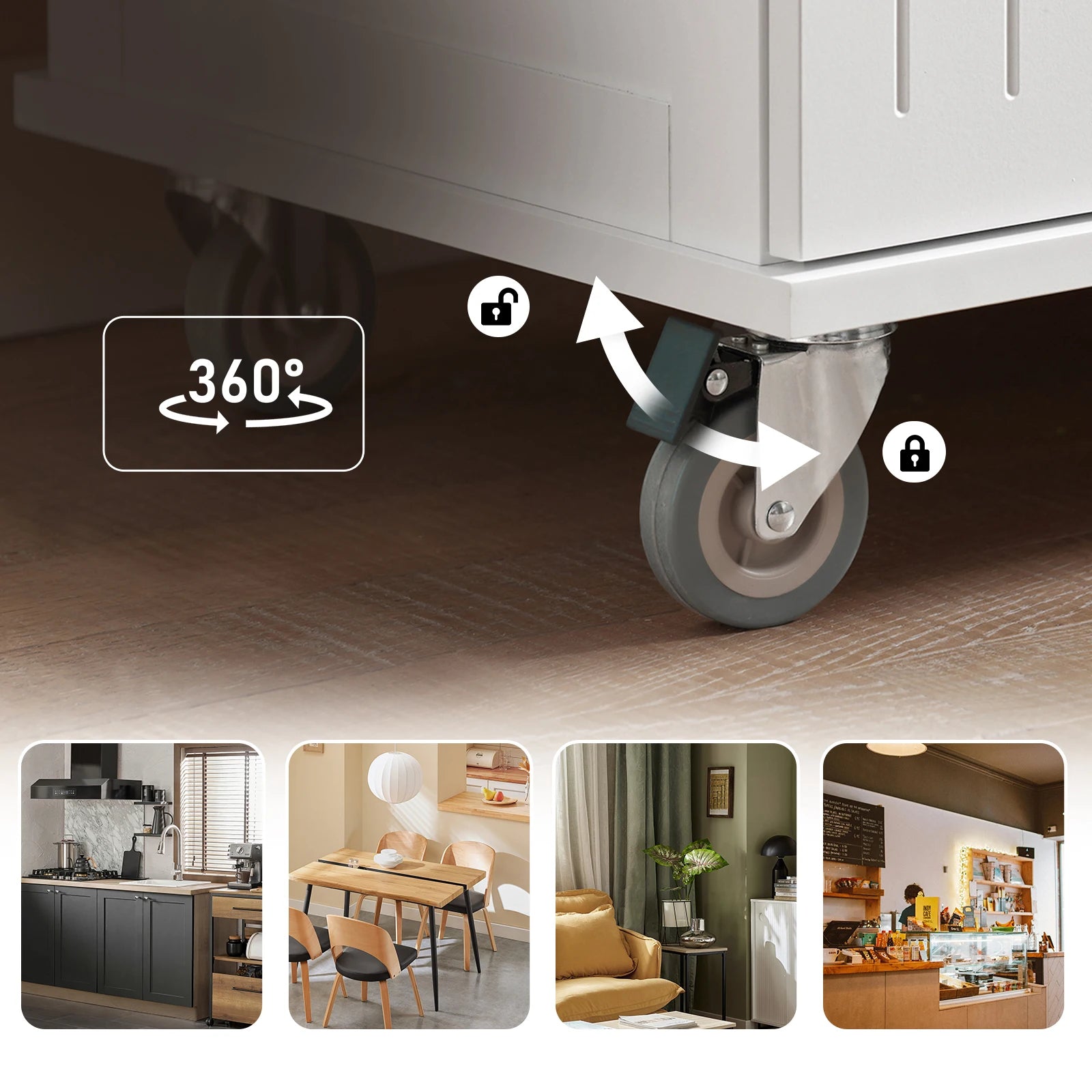 Keukentrolley – Serveertrolley – Werktafel – Keukenwagen – Opbergtrolley – Wit-Naturel – Rubberen Houten Werkblad – Verstelbare Opslagruimte - QUORE