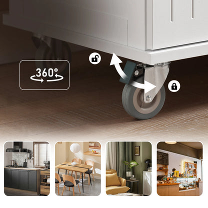 Keukentrolley – Serveertrolley – Werktafel – Keukenwagen – Opbergtrolley – Wit-Naturel – Rubberen Houten Werkblad – Verstelbare Opslagruimte - QUORE