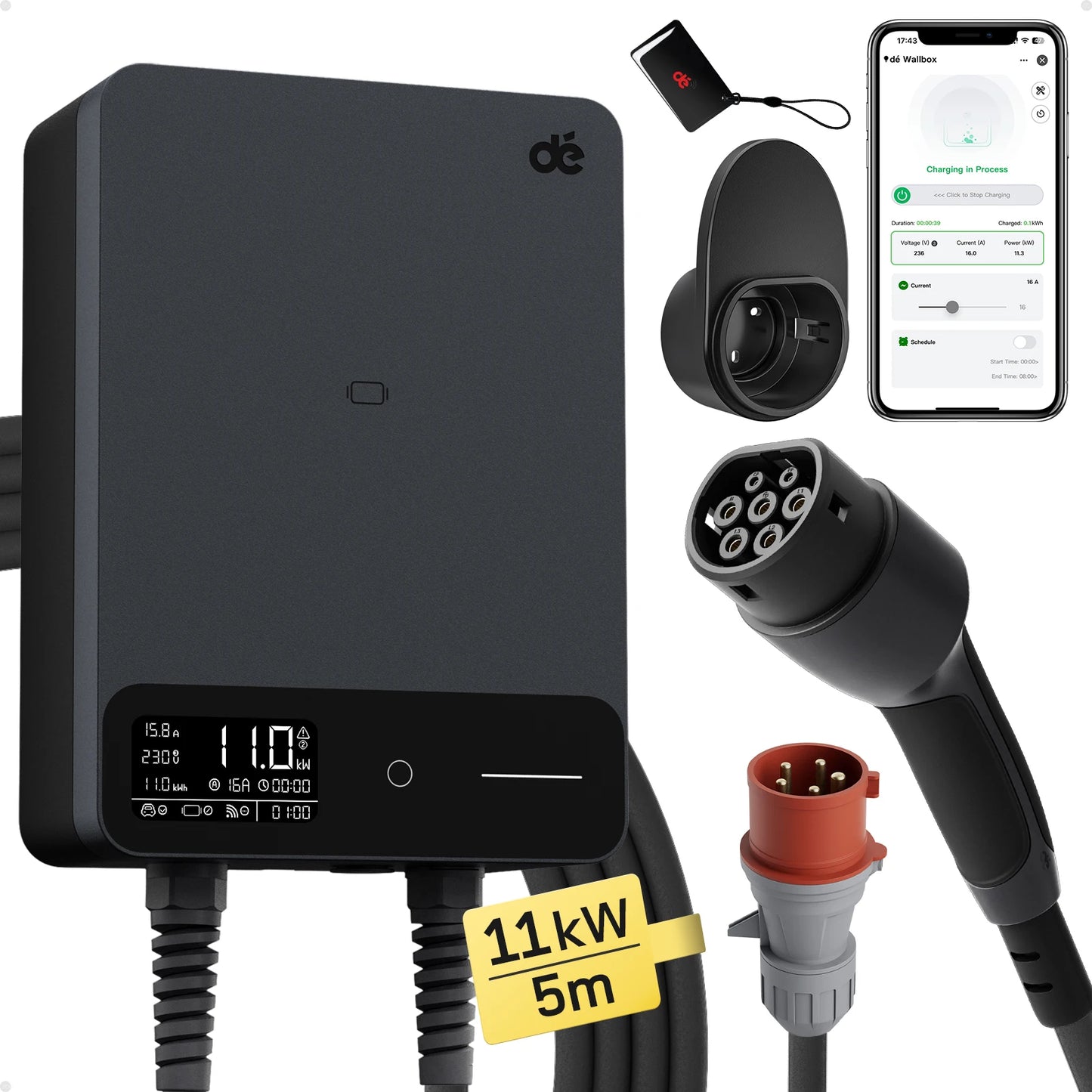Wallbox 11kW – Laadstation – Oplaadpunt – Elektrische Autolader – EV Charger – 5 Meter Type 2 Laadkabel – Plug & Play Ontwerp – Veiligheidsbeveiliging met LCD-Scherm