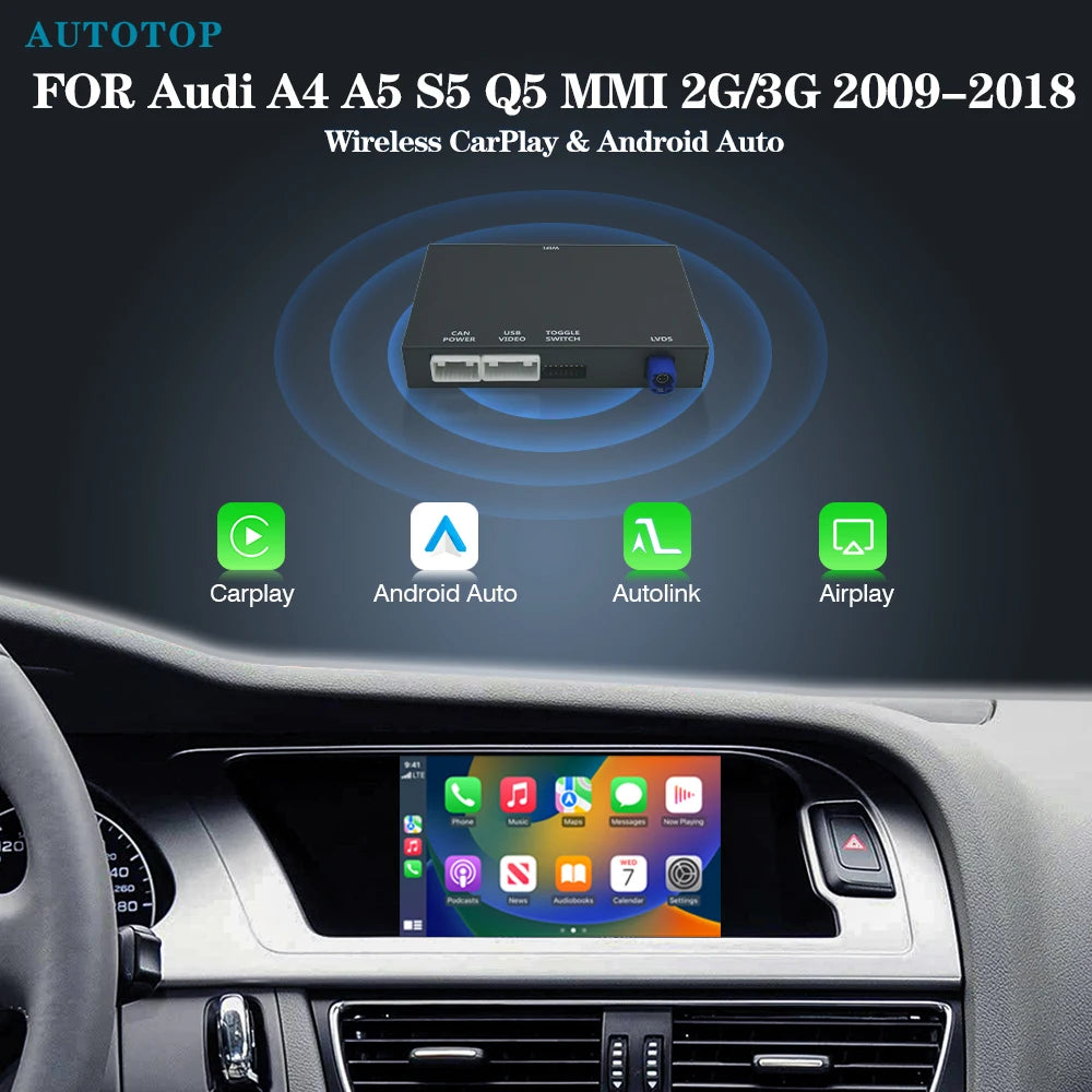 Draadloze CarPlay Adapter – Multimedia Interface – Android Auto Module – Smartphone Koppeling – Wireless Mirror Link – Compatibel Audi MMI 3G (2009-2018) – Plug-and-Play Installatie – AirPlay Streaming - QUORE