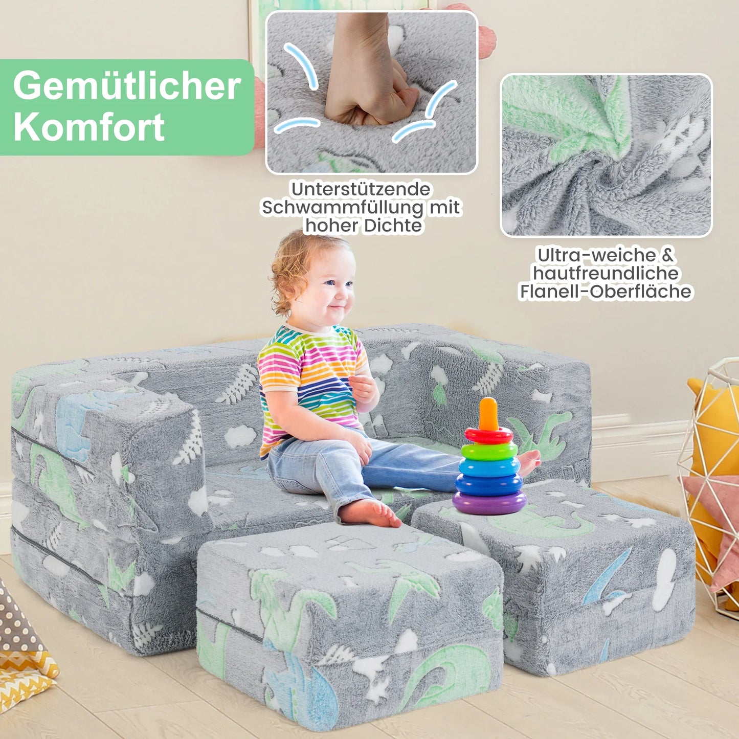 Oplichtende Peuterbank – Modulaire Speelbank voor Kinderen – Afneembare & Wasbare Flanellen Hoes – Kinderbank voor Speelkamer & Kinderkamer