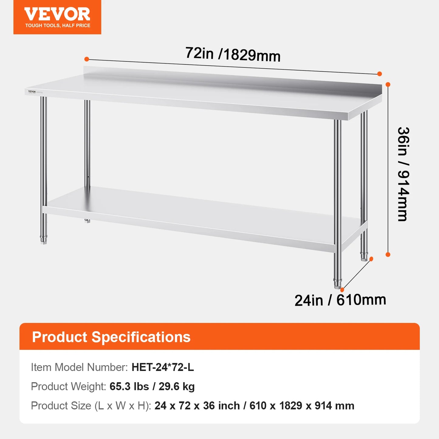 SucceBuy 24 x 72 x 36 Inch Stainless Steel Work Table Commercial Food Prep Worktable Heavy Duty Prep Worktable Metal Work Table