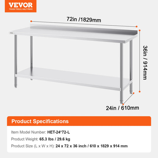 SucceBuy 24 x 72 x 36 Inch Stainless Steel Work Table Commercial Food Prep Worktable Heavy Duty Prep Worktable Metal Work Table