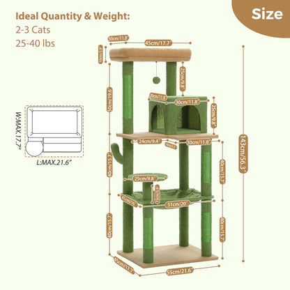 Krabpaal - Kattenboom - Katten Klimmuur - Sisal Krabpalen - Arbre a Chat - Hangmat - Kattenhuisje - 45x55x143cm - Groen