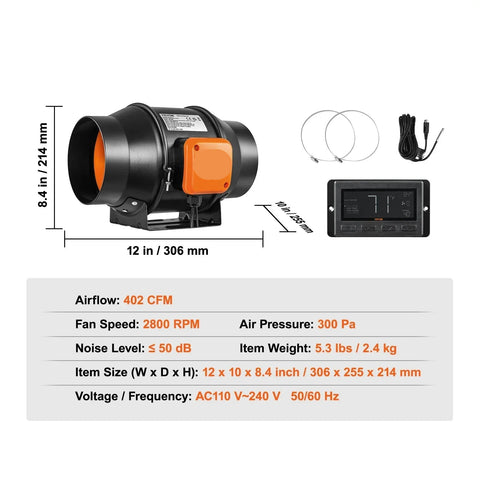Buisventilator - Inline Kanaalventilator - Fan - Afzuig Ventilator - met temperatuur-vochtigheidsregelaar - Uitlaatventilator - voor thuisbadkamer - EC 6Inch