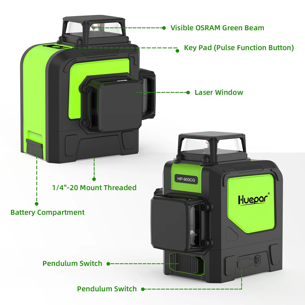 Huepar 903CG Set 12 3D Cross Lines Laser Level Osram Green Laser Beam Self-Leveling 360 Vertical Horizontal with Receiver Tripod - QUORE